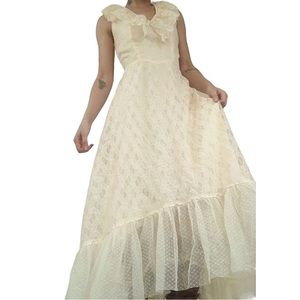 Vintage champagne white victorian lace wrap tulle prairie chiffon dress xs-s